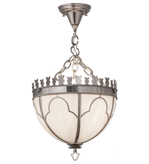 Meyda Lighting Gothic 14" 3-Light Polished Nickel Inverted Pendant Light With White Art Shade Glass