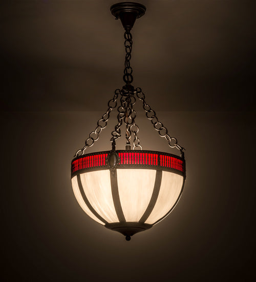 Meyda Lighting Gothic 16" 4-Light Chemical Antique Brass Inverted Pendant Light With White Opal & Red Cathedral Ripple Art Shade Glass