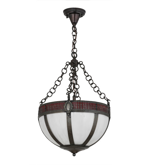 Meyda Lighting Gothic 16" 4-Light Chemical Antique Brass Inverted Pendant Light With White Opal & Red Cathedral Ripple Art Shade Glass
