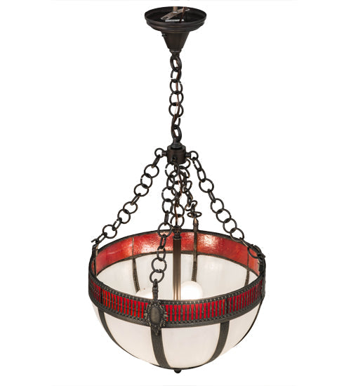 Meyda Lighting Gothic 16" 4-Light Chemical Antique Brass Inverted Pendant Light With White Opal & Red Cathedral Ripple Art Shade Glass