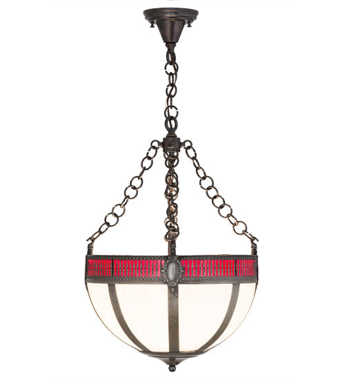 Meyda Lighting Gothic 16" 4-Light Chemical Antique Brass Inverted Pendant Light With White Opal & Red Cathedral Ripple Art Shade Glass