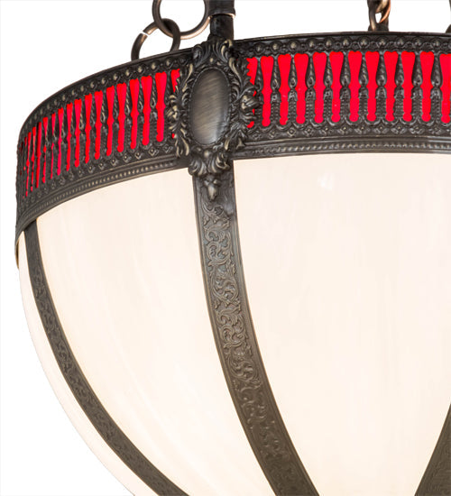Meyda Lighting Gothic 16" 4-Light Chemical Antique Brass Inverted Pendant Light With White Opal & Red Cathedral Ripple Art Shade Glass