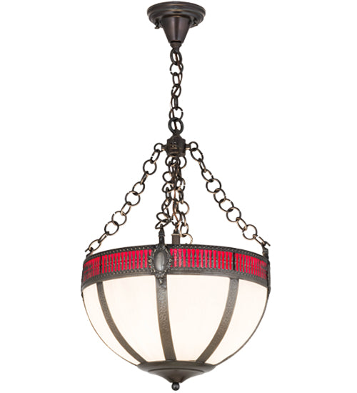 Meyda Lighting Gothic 16" 4-Light Chemical Antique Brass Inverted Pendant Light With White Opal & Red Cathedral Ripple Art Shade Glass