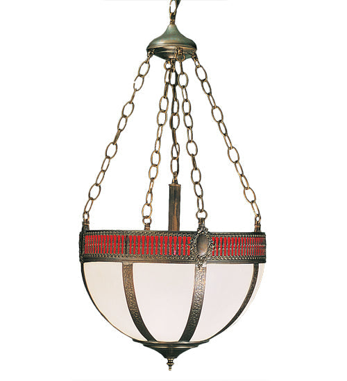 Meyda Lighting Gothic 16" 4-Light Craftsman Brown Highlighted Inverted Pendant Light With White & Red Art Shade Glass