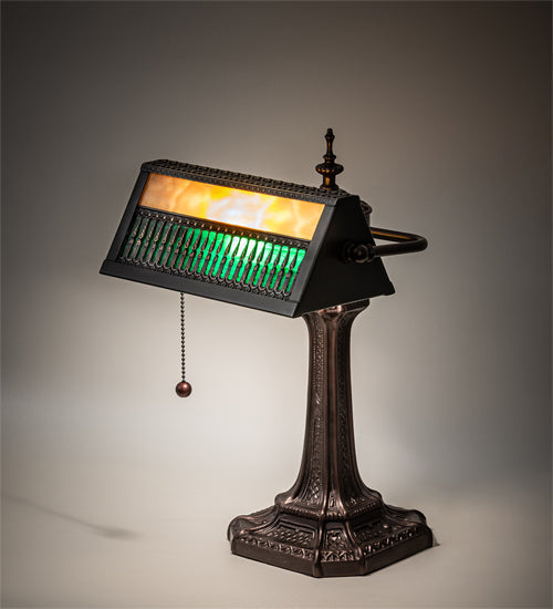 Meyda Lighting Gothic 16" Mahogany Bronze Mission Banker's Table Lamp With Beige & Green Art Shade Glass