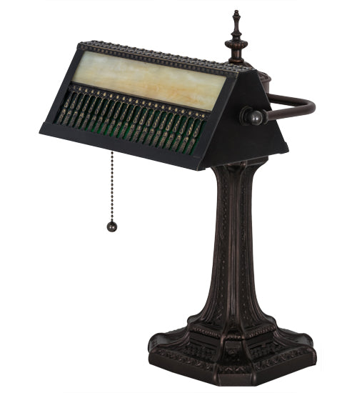 Meyda Lighting Gothic 16" Mahogany Bronze Mission Banker's Table Lamp With Beige & Green Art Shade Glass