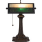Meyda Lighting Gothic 16" Mahogany Bronze Mission Banker's Table Lamp With Beige & Green Art Shade Glass
