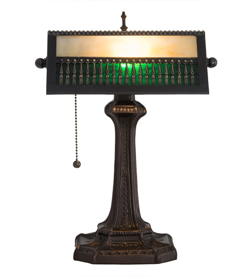 Meyda Lighting Gothic 16" Mahogany Bronze Mission Banker's Table Lamp With Beige & Green Art Shade Glass