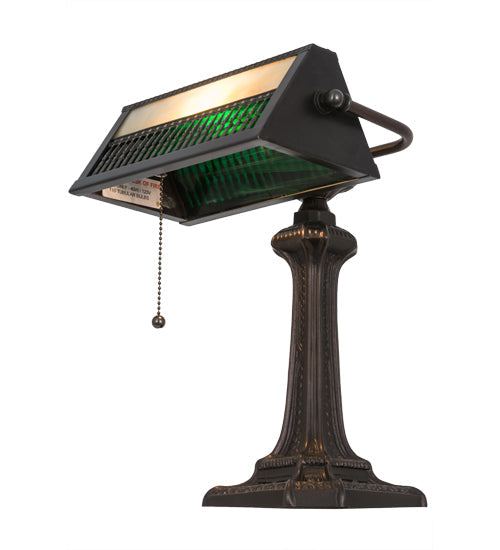 Meyda Lighting Gothic 16" Mahogany Bronze Mission Banker's Table Lamp With Beige & Green Art Shade Glass