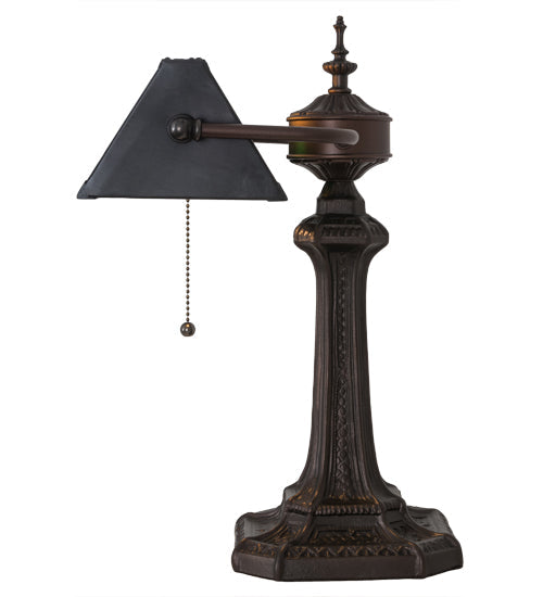 Meyda Lighting Gothic 16" Mahogany Bronze Mission Banker's Table Lamp With Beige & Green Art Shade Glass