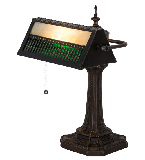 Meyda Lighting Gothic 16" Mahogany Bronze Mission Banker's Table Lamp With Beige & Green Art Shade Glass