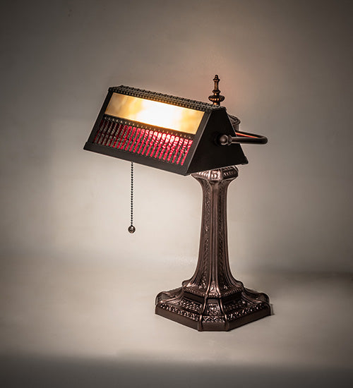 Meyda Lighting Gothic 16" Mahogany Bronze Mission Banker's Table Lamp With Beige & Red Art Shade Glass