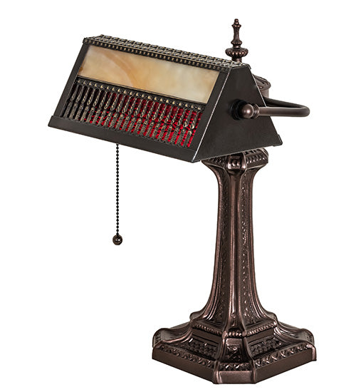 Meyda Lighting Gothic 16" Mahogany Bronze Mission Banker's Table Lamp With Beige & Red Art Shade Glass