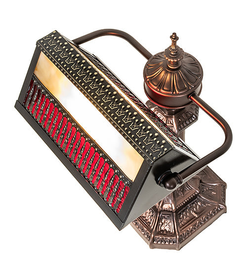 Meyda Lighting Gothic 16" Mahogany Bronze Mission Banker's Table Lamp With Beige & Red Art Shade Glass