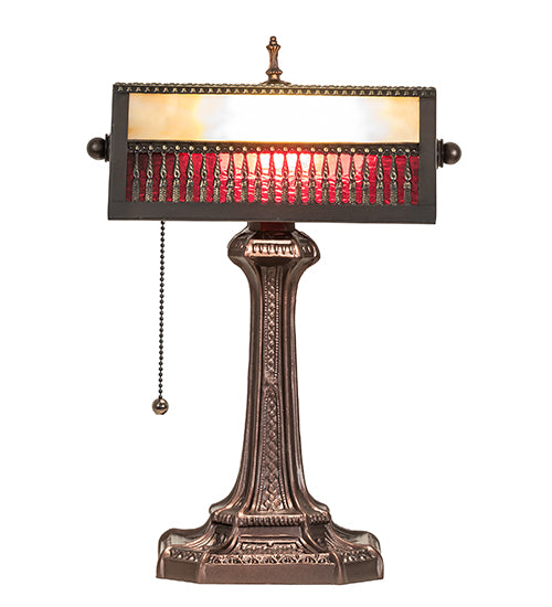 Meyda Lighting Gothic 16" Mahogany Bronze Mission Banker's Table Lamp With Beige & Red Art Shade Glass