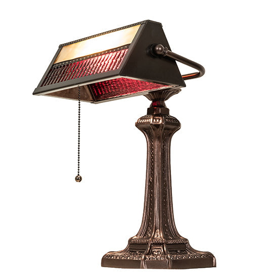 Meyda Lighting Gothic 16" Mahogany Bronze Mission Banker's Table Lamp With Beige & Red Art Shade Glass