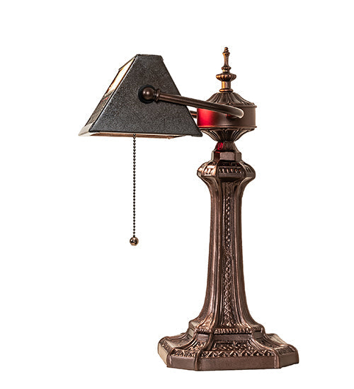 Meyda Lighting Gothic 16" Mahogany Bronze Mission Banker's Table Lamp With Beige & Red Art Shade Glass
