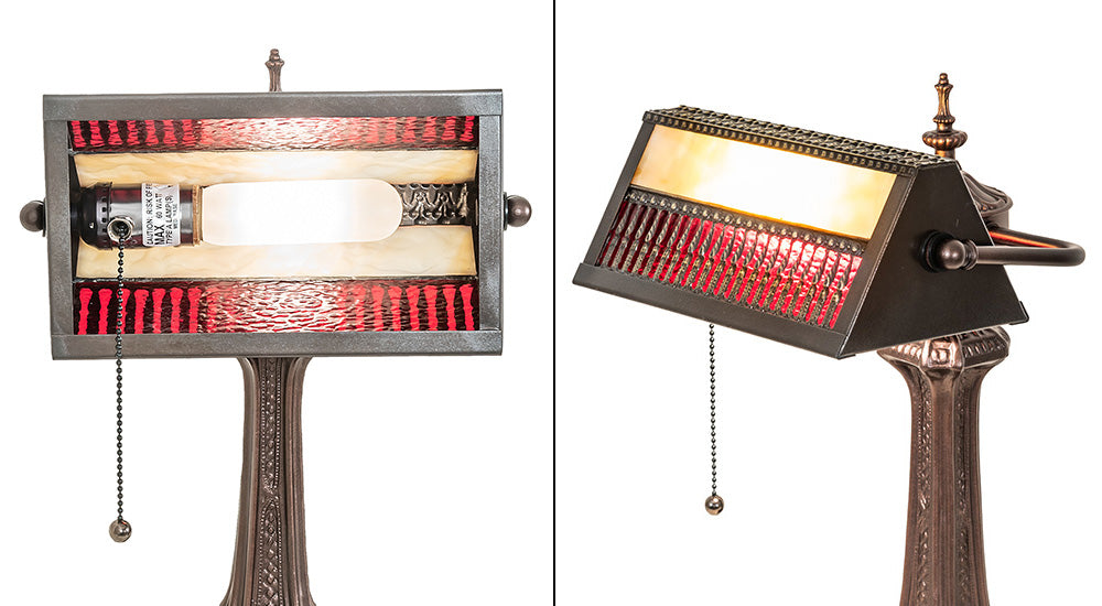 Meyda Lighting Gothic 16" Mahogany Bronze Mission Banker's Table Lamp With Beige & Red Art Shade Glass