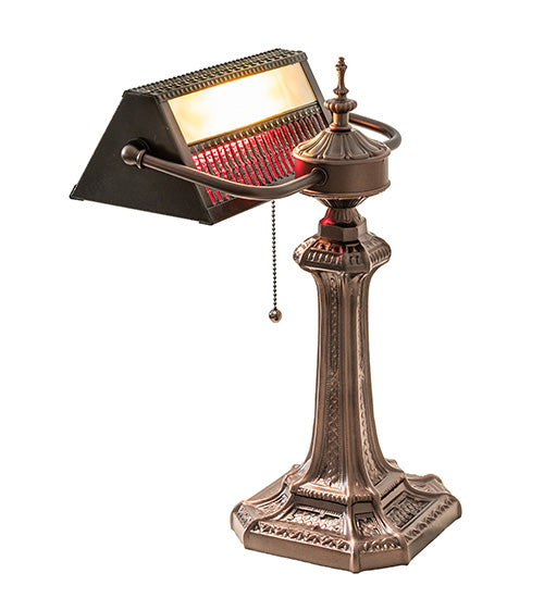 Meyda Lighting Gothic 16" Mahogany Bronze Mission Banker's Table Lamp With Beige & Red Art Shade Glass
