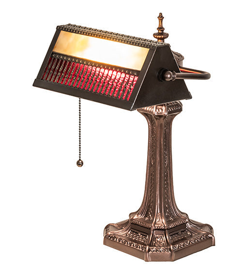 Meyda Lighting Gothic 16" Mahogany Bronze Mission Banker's Table Lamp With Beige & Red Art Shade Glass