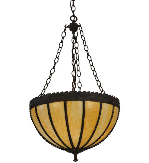 Meyda Lighting Gothic 17" 3-Light Vintage Copper Inverted Pendant Light With Beige Art Shade Glass