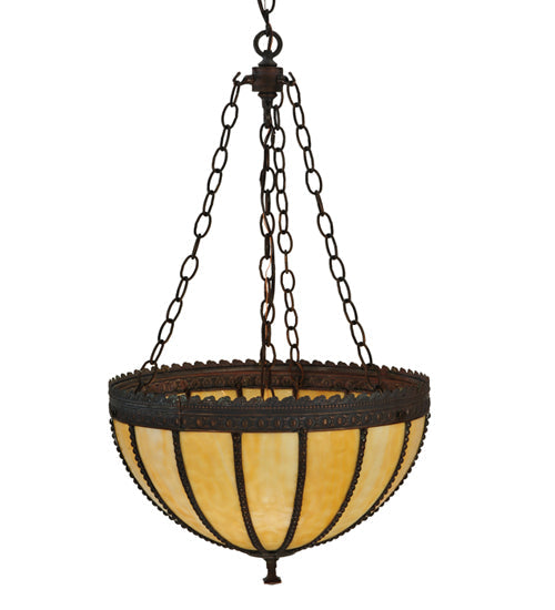 Meyda Lighting Gothic 17" 3-Light Vintage Copper Inverted Pendant Light With Beige Art Shade Glass