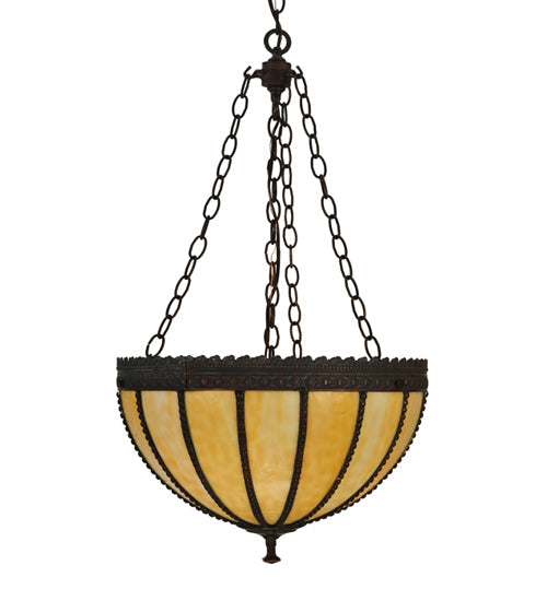 Meyda Lighting Gothic 17" 3-Light Vintage Copper Inverted Pendant Light With Beige Art Shade Glass