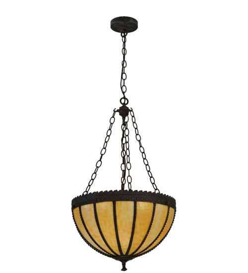 Meyda Lighting Gothic 17" 3-Light Vintage Copper Inverted Pendant Light With Beige Art Shade Glass