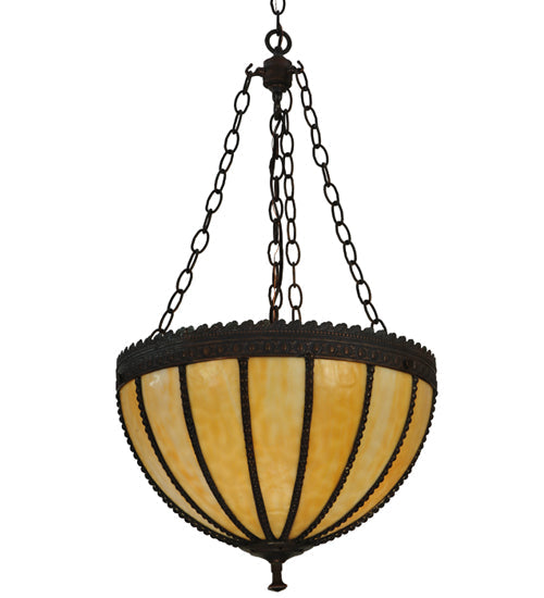 Meyda Lighting Gothic 17" 3-Light Vintage Copper Inverted Pendant Light With Beige Art Shade Glass