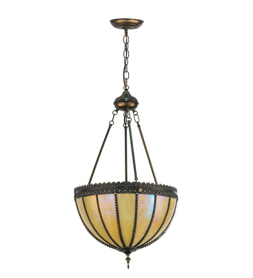 Meyda Lighting Gothic 18" 3-Light Craftsman Brown Inverted Pendant Light With Beige Iridescent Shade Glass