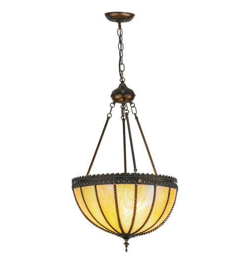 Meyda Lighting Gothic 18" 3-Light Craftsman Brown Inverted Pendant Light With Beige Iridescent Shade Glass