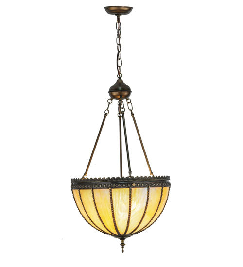 Meyda Lighting Gothic 18" 3-Light Craftsman Brown Inverted Pendant Light With Beige Iridescent Shade Glass