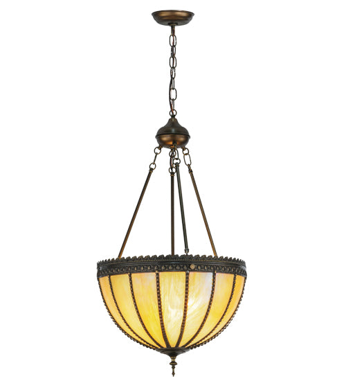 Meyda Lighting Gothic 18" 3-Light Craftsman Brown Inverted Pendant Light With Beige Iridescent Shade Glass