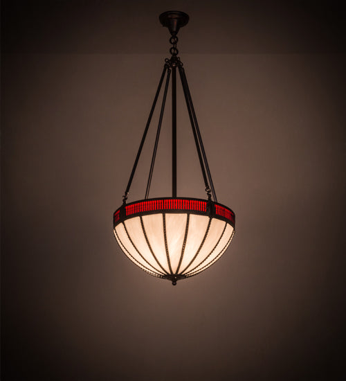 Meyda Lighting Gothic 20" 4-Light Weathered Antique Brass Inverted Pendant Light With Red & White Shade Glass