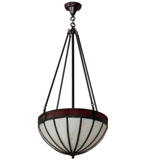 Meyda Lighting Gothic 20" 4-Light Weathered Antique Brass Inverted Pendant Light With Red & White Shade Glass