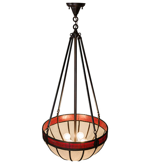 Meyda Lighting Gothic 20" 4-Light Weathered Antique Brass Inverted Pendant Light With Red & White Shade Glass