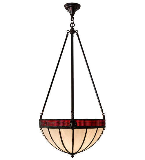 Meyda Lighting Gothic 20" 4-Light Weathered Antique Brass Inverted Pendant Light With Red & White Shade Glass