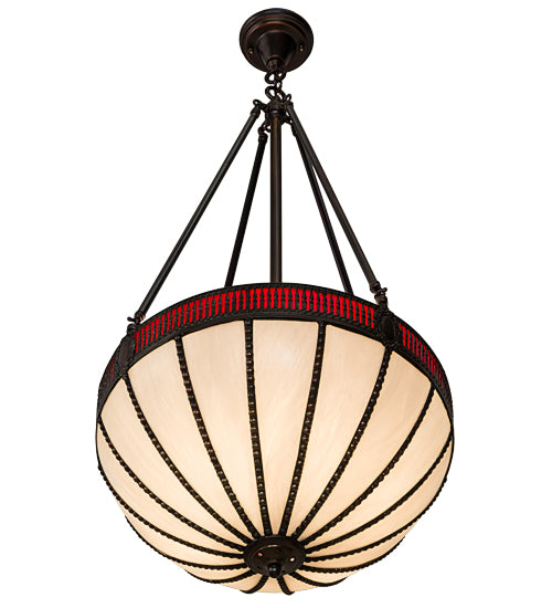 Meyda Lighting Gothic 20" 4-Light Weathered Antique Brass Inverted Pendant Light With Red & White Shade Glass