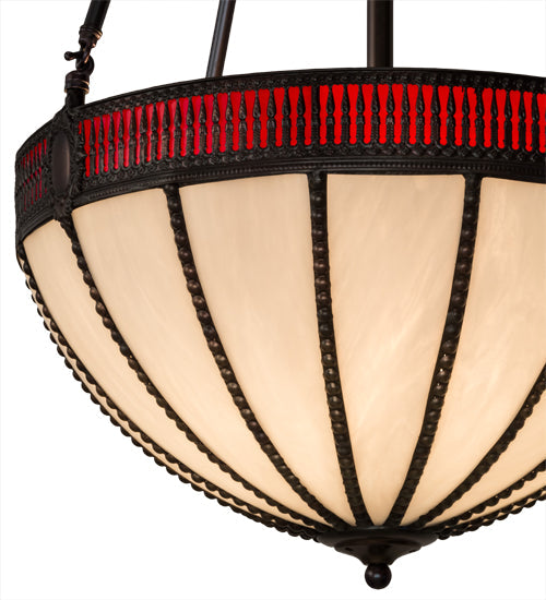 Meyda Lighting Gothic 20" 4-Light Weathered Antique Brass Inverted Pendant Light With Red & White Shade Glass