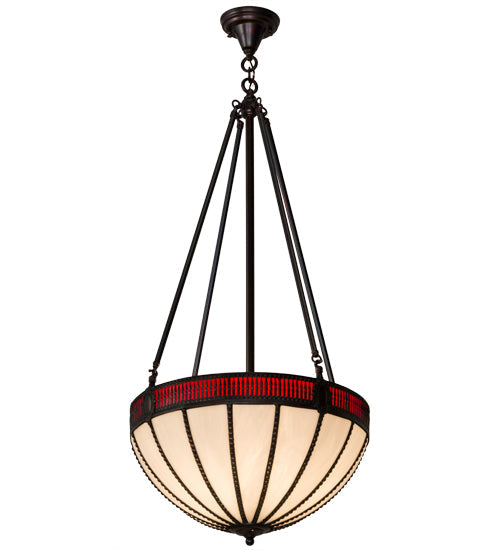 Meyda Lighting Gothic 20" 4-Light Weathered Antique Brass Inverted Pendant Light With Red & White Shade Glass