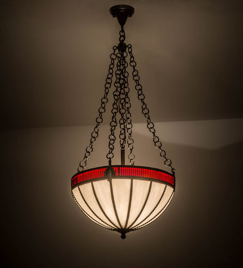 Meyda Lighting Gothic 20" 4-Light Weathered Antique Brass Inverted Pendant Light With White Opal & Red Cathedral Ripple Art Shade Glass