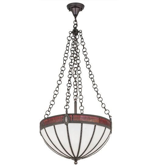 Meyda Lighting Gothic 20" 4-Light Weathered Antique Brass Inverted Pendant Light With White Opal & Red Cathedral Ripple Art Shade Glass