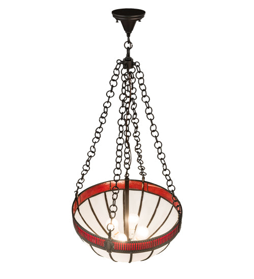 Meyda Lighting Gothic 20" 4-Light Weathered Antique Brass Inverted Pendant Light With White Opal & Red Cathedral Ripple Art Shade Glass