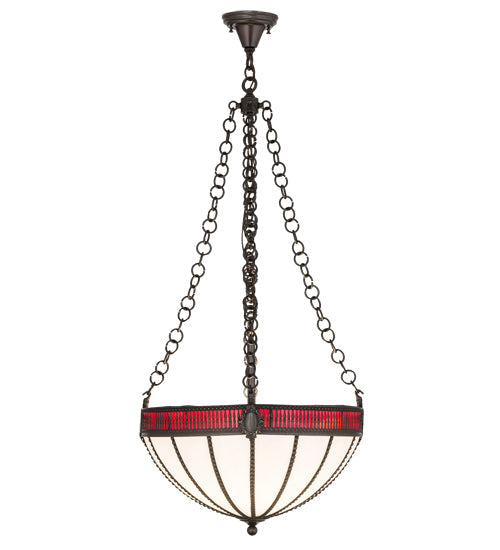 Meyda Lighting Gothic 20" 4-Light Weathered Antique Brass Inverted Pendant Light With White Opal & Red Cathedral Ripple Art Shade Glass