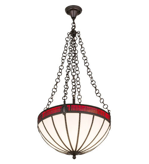 Meyda Lighting Gothic 20" 4-Light Weathered Antique Brass Inverted Pendant Light With White Opal & Red Cathedral Ripple Art Shade Glass