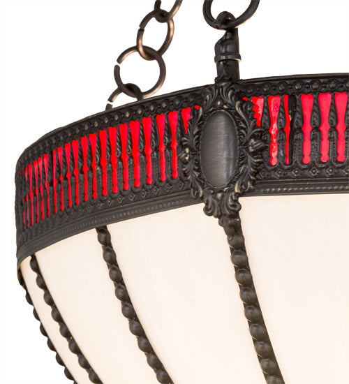 Meyda Lighting Gothic 20" 4-Light Weathered Antique Brass Inverted Pendant Light With White Opal & Red Cathedral Ripple Art Shade Glass