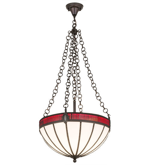 Meyda Lighting Gothic 20" 4-Light Weathered Antique Brass Inverted Pendant Light With White Opal & Red Cathedral Ripple Art Shade Glass