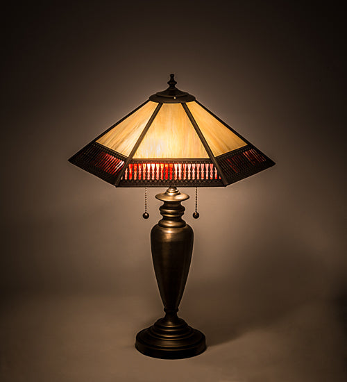 Meyda Lighting Gothic 25" 2-Light Antique Brass Table Lamp With Red & Beige Iridescent Shade Glass