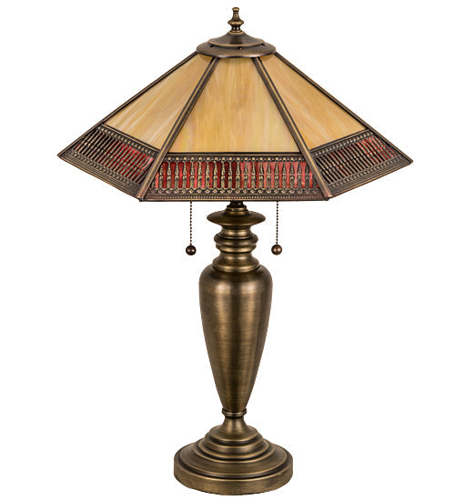 Meyda Lighting Gothic 25" 2-Light Antique Brass Table Lamp With Red & Beige Iridescent Shade Glass