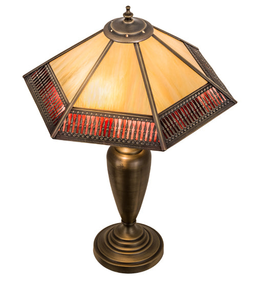 Meyda Lighting Gothic 25" 2-Light Antique Brass Table Lamp With Red & Beige Iridescent Shade Glass